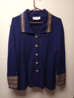 St John by Marie GREY evening Sz 10 Women 2pcBlue Gold Button Casual Pant Suit